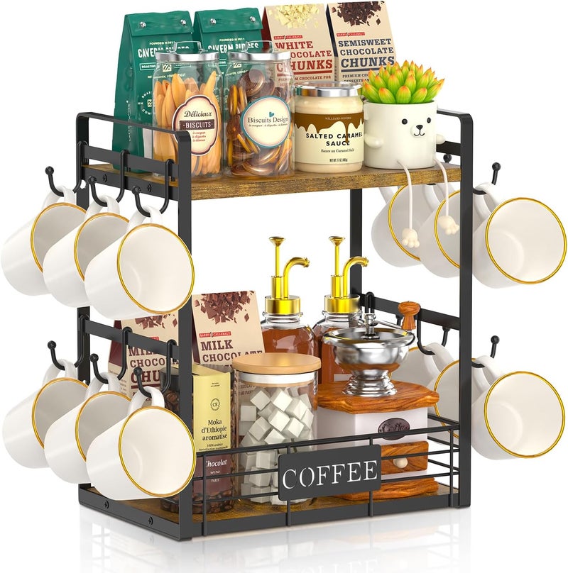 EsLuker.ly Coffee Mug Cup Holder Tree Bar Station Organizer, 2 Tier Mug Stand Rack for Countertop Kitchen, Storage Tower Display Shelf with 12 Hooks, Coffee Nook Enhancer - Image 1
